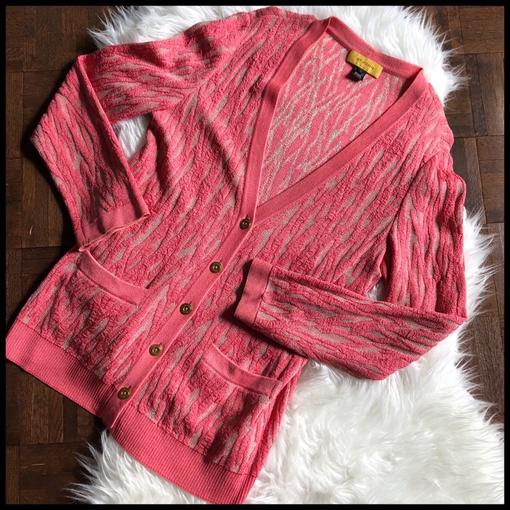 St John Medium Cardigan Sweater Pink Metallic Gold